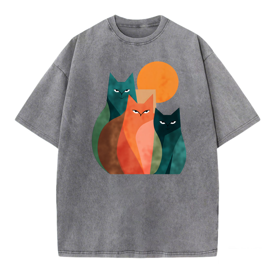 Vintage Abstract Cat Art Print Washed T-Shirt